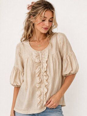 Glam Vintage Soul 100% Silk Ivory Ruffle Boho Peasant Blouse S/M
